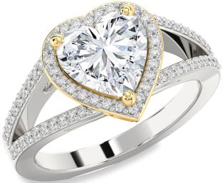 Diamond Silver & 10K gold Heart Halo Solitaire Pave Engagement Ring