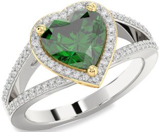 Diamond Emerald Silver & 10K gold Heart Halo Solitaire Pave Engagement Ring