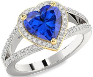 Diamond Blue Sapphire White Yellow Gold Heart Halo Pave Engagement Ring