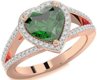 Diamond Emerald Rose Gold Heart Halo Solitaire Pave Engagement Ring