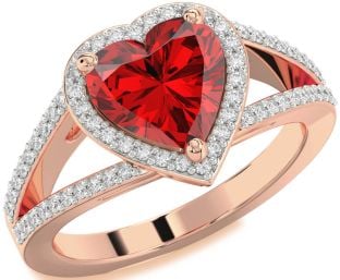 Diamond Ruby Rose Gold Heart Halo Solitaire Pave Engagement Ring
