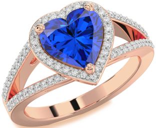 Diamond Blue Sapphire Rose Gold Heart Halo Pave Engagement Ring
