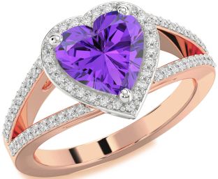 Diamond Amethyst Platinum & Rose Gold Heart Halo Pave Engagement Ring