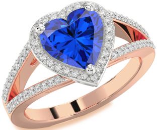 Diamond Blue Sapphire White Rose Gold Heart Halo Pave Engagement Ring