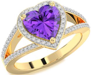 Diamond Amethyst Gold Heart Halo Pave Engagement Ring
