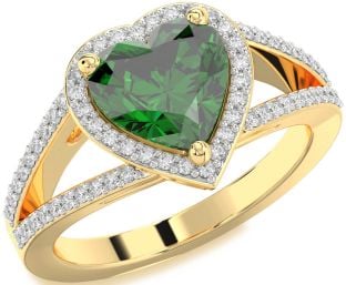 Diamond Emerald Gold Heart Halo Solitaire Pave Engagement Ring