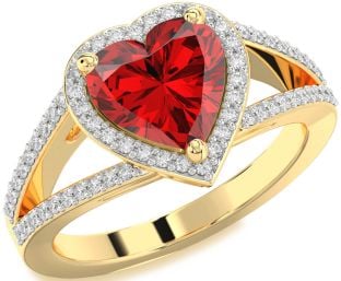 Diamond Ruby Gold Heart Halo Solitaire Pave Engagement Ring