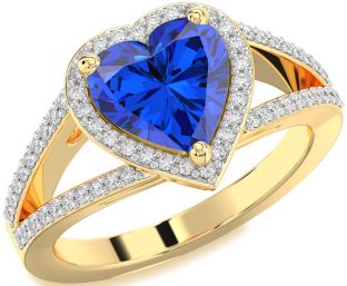 Diamond Blue Sapphire Gold Heart Halo Pave Engagement Ring