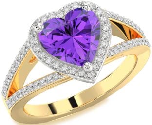 Diamond Amethyst Platinum & Yellow Gold Heart Halo Pave Engagement Ring