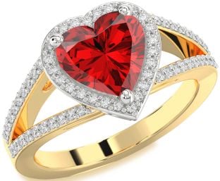 Diamond Ruby Platinum & Yellow Gold Heart Halo Solitaire Pave Engagement Ring