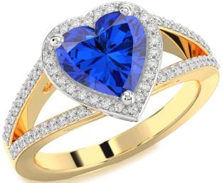 Diamond Blue Sapphire White Yellow Gold Heart Halo Pave Engagement Ring