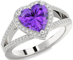 Diamond Amethyst Platinum Heart Halo Pave Engagement Ring