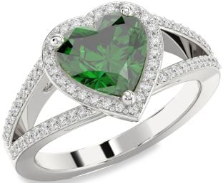 Diamond Emerald White Gold Heart Halo Solitaire Pave Engagement Ring