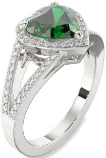 Diamond Emerald White Gold Heart Halo Pave Engagement Ring