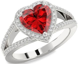 Diamond Ruby Silver Heart Halo Solitaire Pave Engagement Ring
