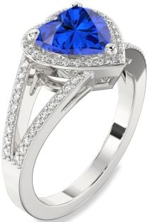 Diamond Blue Sapphire Platinum Heart Halo Pave Engagement Ring