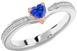 Diamond Blue Sapphire Rose Gold Silver Heart Pave Promise Ring