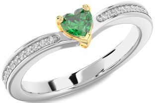 Diamond Emerald Silver & 10K gold Heart Promise Ring