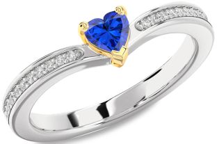 Diamond Blue Sapphire Gold Silver Heart Pave Promise Ring