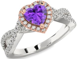 Diamond Amethyst Platinum & Rose Gold Heart Halo Pave Engagement Ring