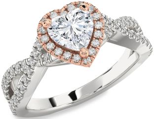 Diamond White Rose Gold Heart Halo Solitaire Pave Engagement Ring