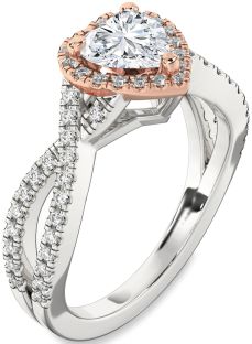 Diamond Silver & 10K Rose Gold Heart Halo Pave Engagement Ring