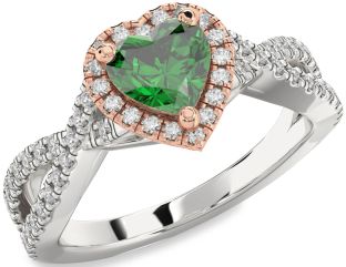 Diamond Emerald White Rose Gold Heart Halo Solitaire Pave Engagement Ring