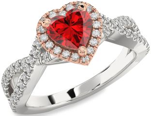 Diamond Ruby White Rose Gold Heart Halo Solitaire Pave Engagement Ring