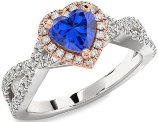 Diamond Blue Sapphire Rose Gold Silver Heart Halo Pave Engagement Ring