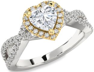 Diamond Silver & 10K gold Heart Halo Solitaire Pave Engagement Ring