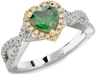 Diamond Emerald Silver & 10K gold Heart Halo Solitaire Pave Engagement Ring