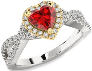 Diamond Ruby Silver & 10K gold Heart Halo Solitaire Pave Engagement Ring