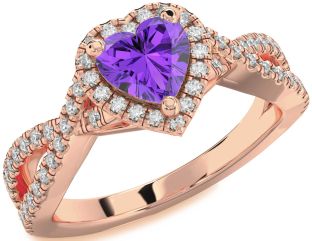 Diamond Amethyst Rose Gold Heart Halo Pave Engagement Ring