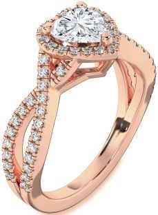 Diamond Rose Gold Silver Heart Halo Pave Engagement Ring