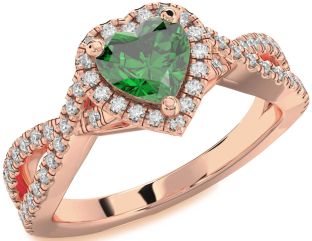 Diamond Emerald Rose Gold Heart Halo Solitaire Pave Engagement Ring