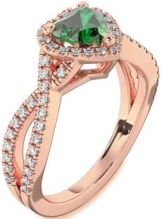 Diamond Emerald Rose Gold Heart Halo Pave Engagement Ring