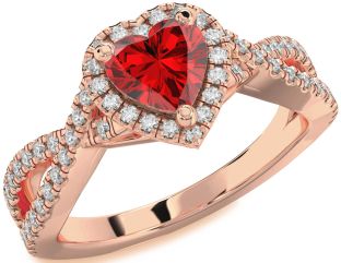 Diamond Ruby Rose Gold Heart Halo Solitaire Pave Engagement Ring