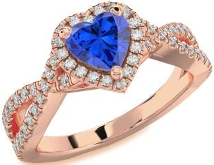 Diamond Blue Sapphire Rose Gold Silver Heart Halo Pave Engagement Ring
