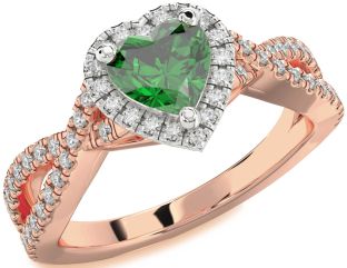 Diamond Emerald Platinum & Rose Gold Heart Halo Solitaire Pave Engagement Ring