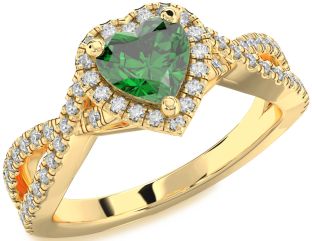 Diamond Emerald Gold Heart Halo Solitaire Pave Engagement Ring