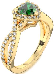 Diamond Emerald Gold Heart Halo Pave Engagement Ring