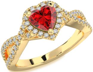 Diamond Ruby Gold Heart Halo Solitaire Pave Engagement Ring