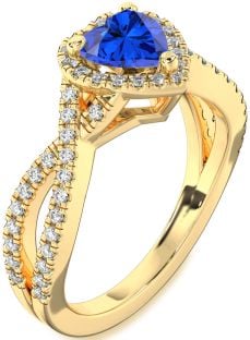 Diamond Blue Sapphire Gold Silver Heart Halo Pave Engagement Ring