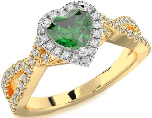 Diamond Emerald Platinum & Yellow Gold Heart Halo Solitaire Pave Engagement Ring