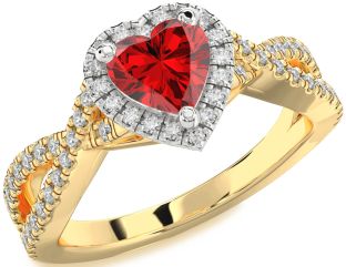 Diamond Ruby Platinum & Yellow Gold Heart Halo Solitaire Pave Engagement Ring