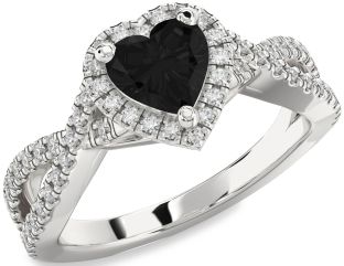 Black Diamond Silver Heart Halo Pave Engagement Ring