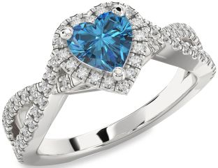 Blue Diamond Silver Heart Halo Pave Engagement Ring