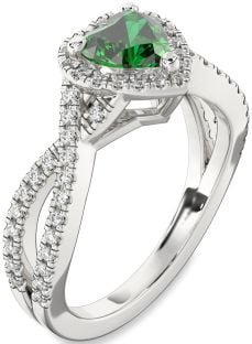 Diamond Emerald Platinum Heart Halo Pave Engagement Ring