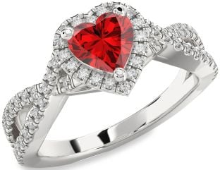 Diamond Ruby Silver Heart Halo Solitaire Pave Engagement Ring