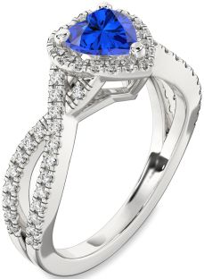 Diamond Blue Sapphire Silver Heart Halo Pave Engagement Ring